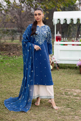 WINTER-3PC DHANAK EMBROIDERED SHIRT WITH CHIFFON EMBROIDERED DUPATTA AND EMB TROUSER-5105