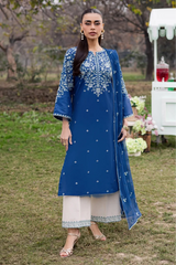 WINTER-3PC DHANAK EMBROIDERED SHIRT WITH CHIFFON EMBROIDERED DUPATTA AND EMB TROUSER-5105