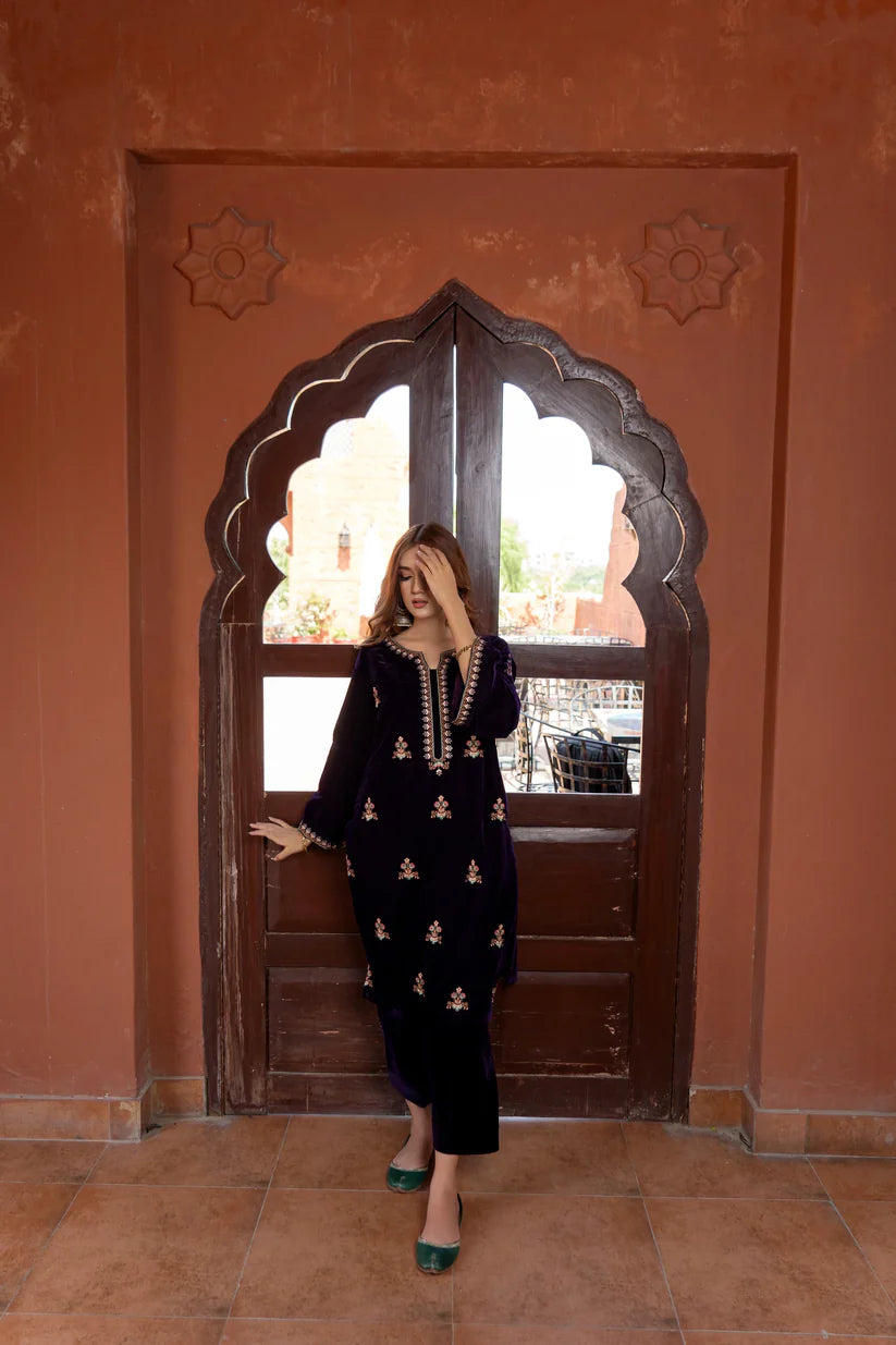 WINTER- 2PC VELVET HEAVT EMBROIDERED SHIRT WITH VELEVT EMBROIDERED SLEEVES & VELVET TROUSER-D22 MICROO 9000