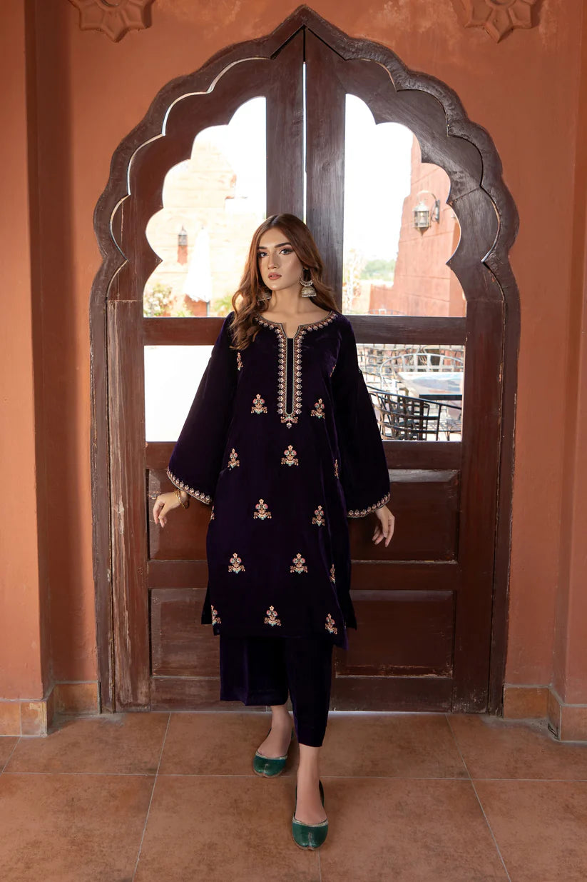 WINTER- 2PC VELVET HEAVT EMBROIDERED SHIRT WITH VELEVT EMBROIDERED SLEEVES & VELVET TROUSER-D22 MICROO 9000