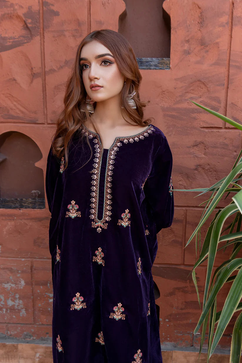 WINTER- 2PC VELVET HEAVT EMBROIDERED SHIRT WITH VELEVT EMBROIDERED SLEEVES & VELVET TROUSER-D22 MICROO 9000