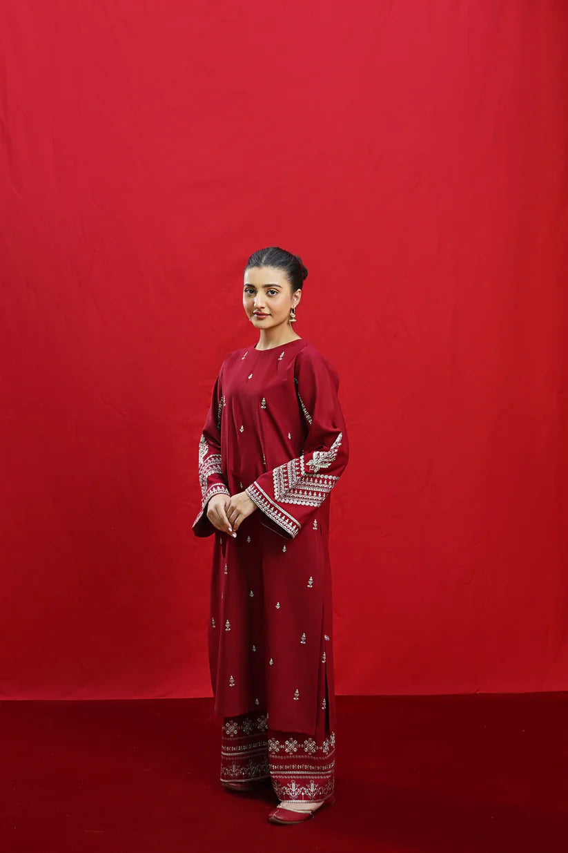 WINTER-3PC DHANAK EMBROIDERED SHIRT WITH COUTURE PRINTED SHAWL & EMB TROUSER-3363