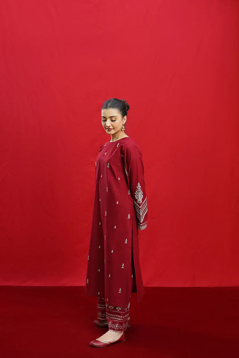 WINTER-3PC DHANAK EMBROIDERED SHIRT WITH COUTURE PRINTED SHAWL & EMB TROUSER-3363