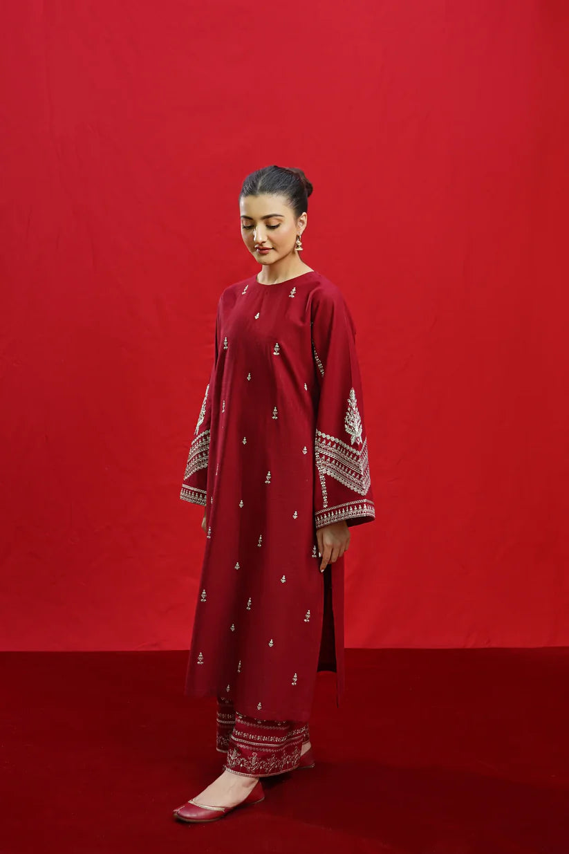 WINTER-3PC DHANAK EMBROIDERED SHIRT WITH COUTURE PRINTED SHAWL & EMB TROUSER-3363