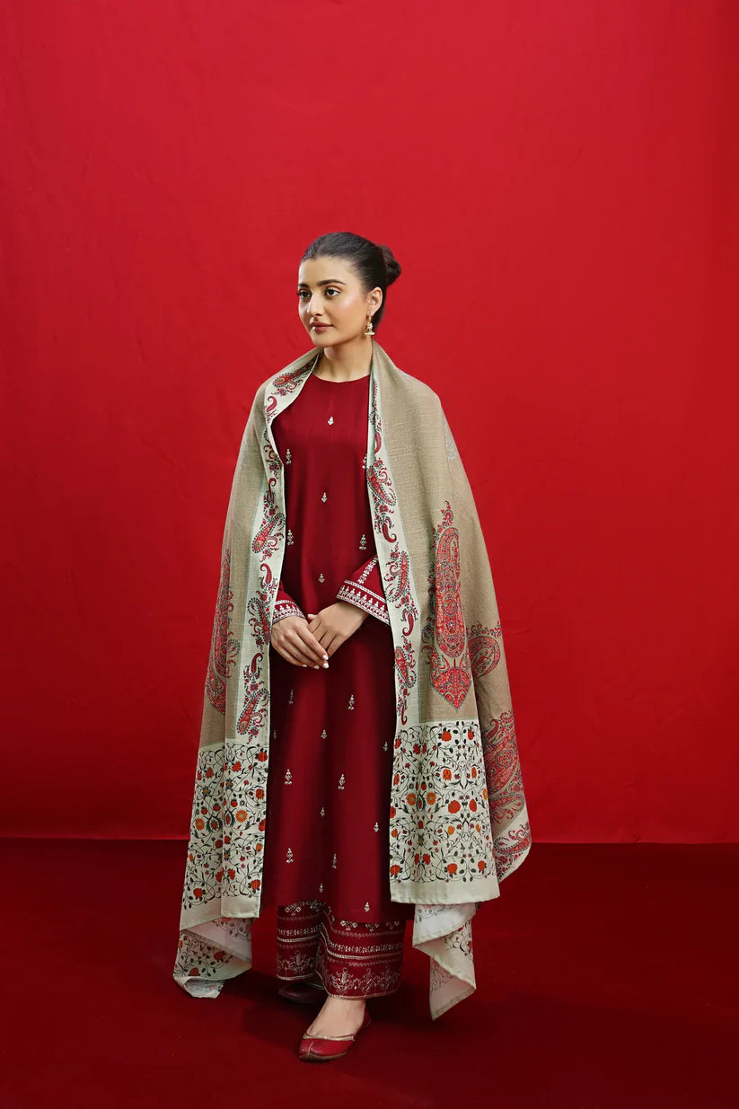 WINTER-3PC DHANAK EMBROIDERED SHIRT WITH COUTURE PRINTED SHAWL & EMB TROUSER-3363