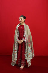 WINTER-3PC DHANAK EMBROIDERED SHIRT WITH COUTURE PRINTED SHAWL & EMB TROUSER-3363