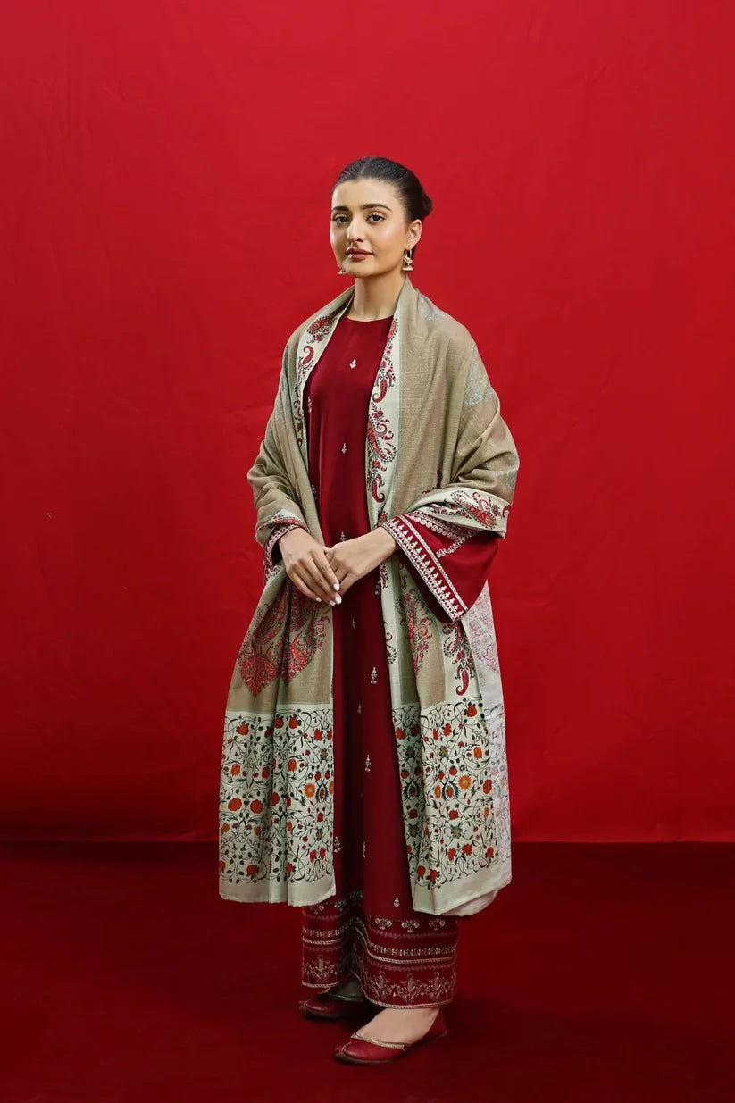 WINTER-3PC DHANAK EMBROIDERED SHIRT WITH COUTURE PRINTED SHAWL & EMB TROUSER-3363