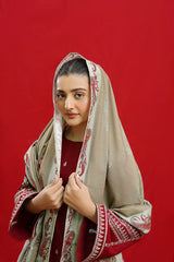 WINTER-3PC DHANAK EMBROIDERED SHIRT WITH COUTURE PRINTED SHAWL & EMB TROUSER-3363