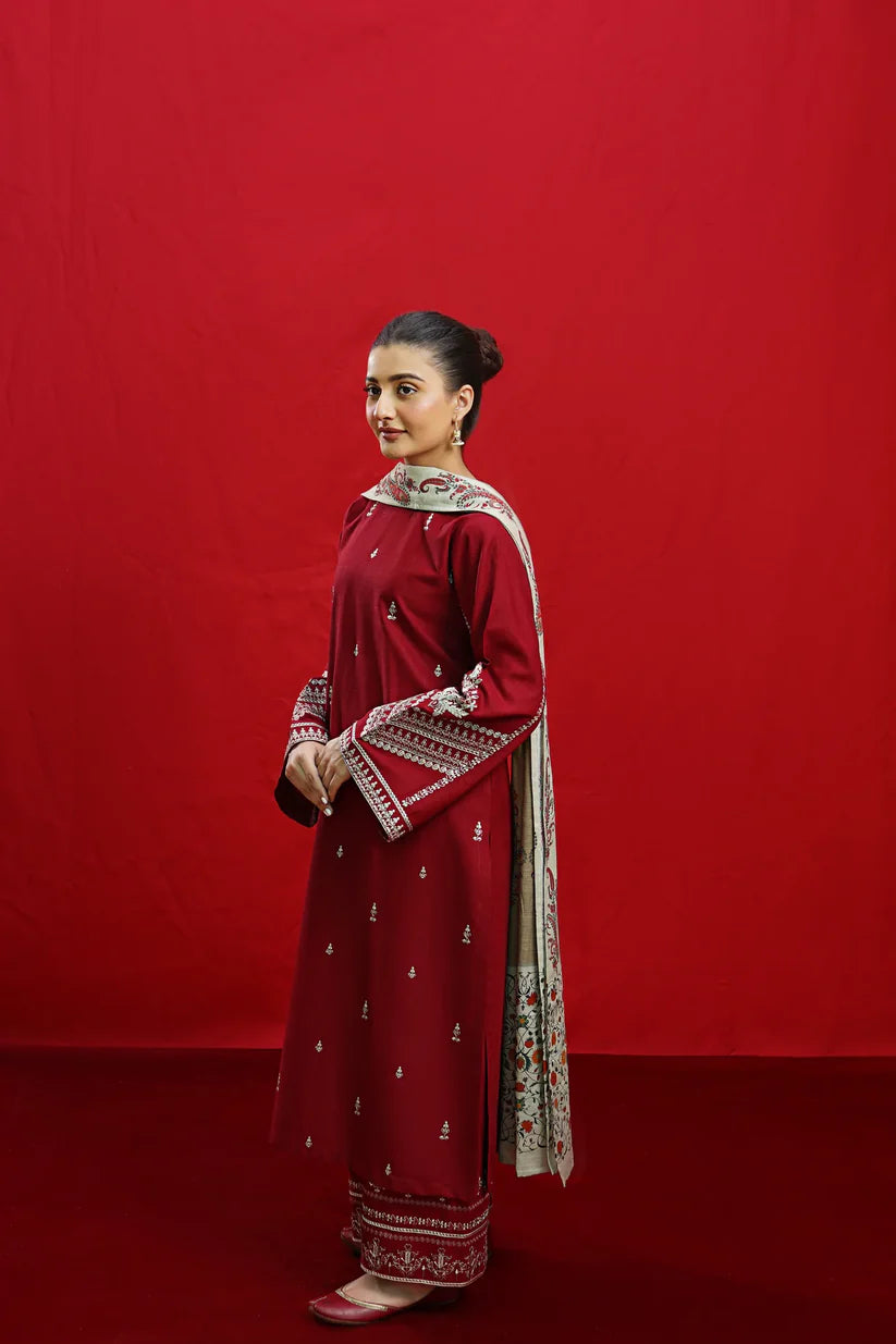 WINTER-3PC DHANAK EMBROIDERED SHIRT WITH COUTURE PRINTED SHAWL & EMB TROUSER-3363