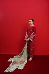 WINTER-3PC DHANAK EMBROIDERED SHIRT WITH COUTURE PRINTED SHAWL & EMB TROUSER-3363
