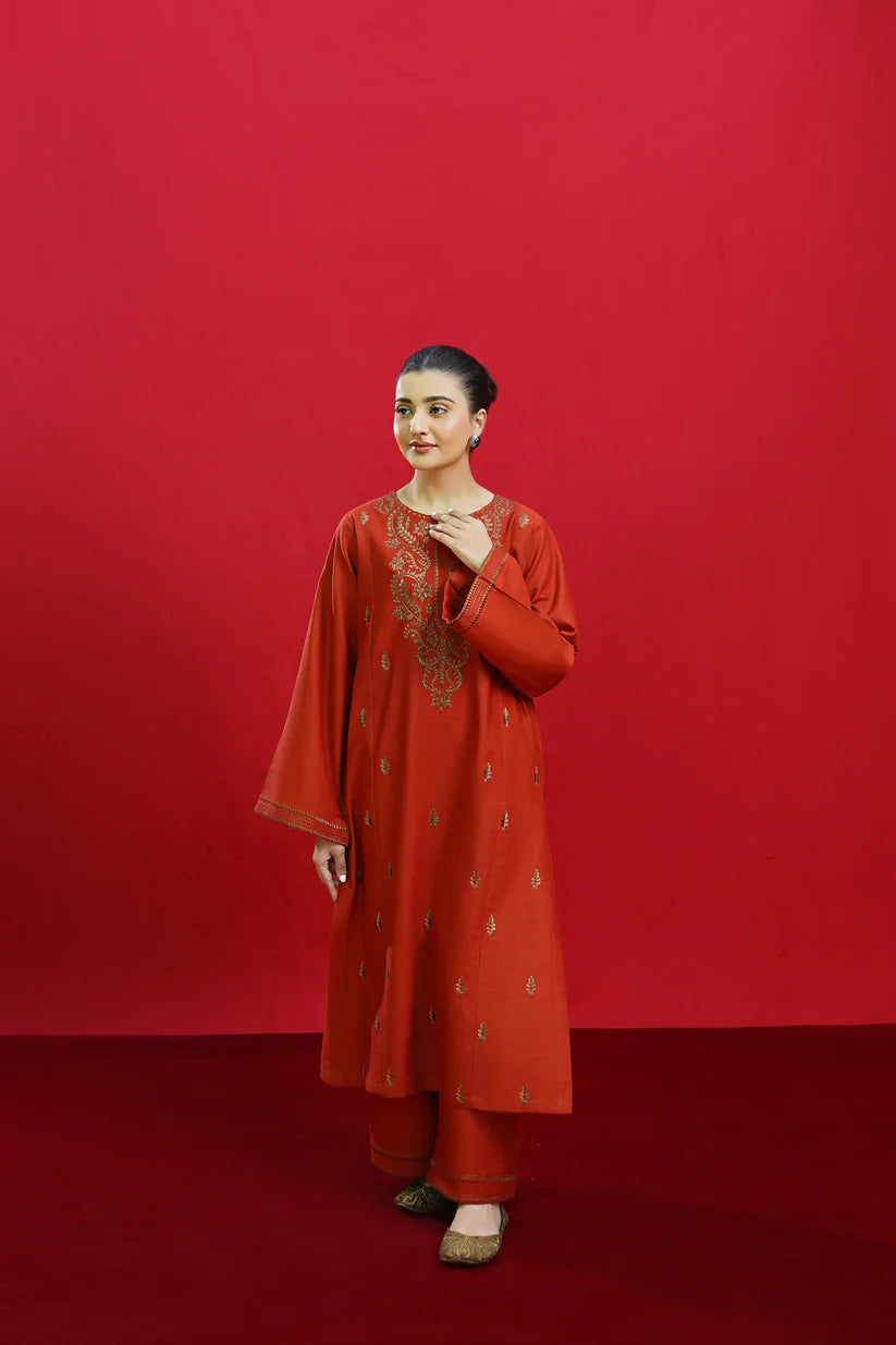 WINTER-3PC DHANAK EMBROIDERED SHIRT WITH COUTURE PRINTED SHAWL & EMB TROUSER-3354