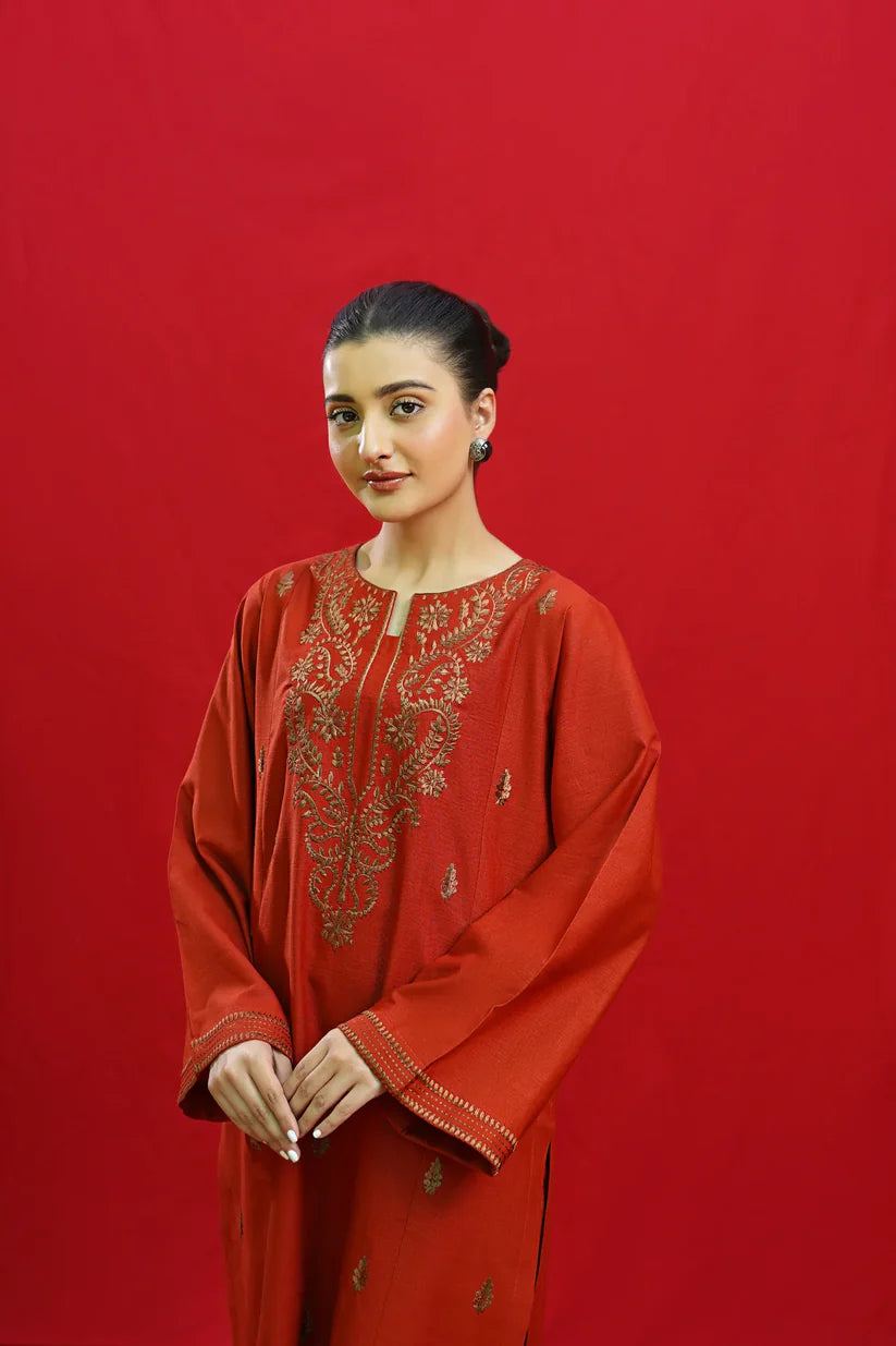 WINTER-3PC DHANAK EMBROIDERED SHIRT WITH COUTURE PRINTED SHAWL & EMB TROUSER-3354