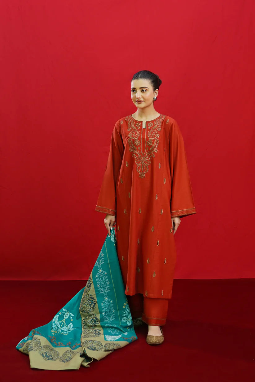 WINTER-3PC DHANAK EMBROIDERED SHIRT WITH COUTURE PRINTED SHAWL & EMB TROUSER-3354