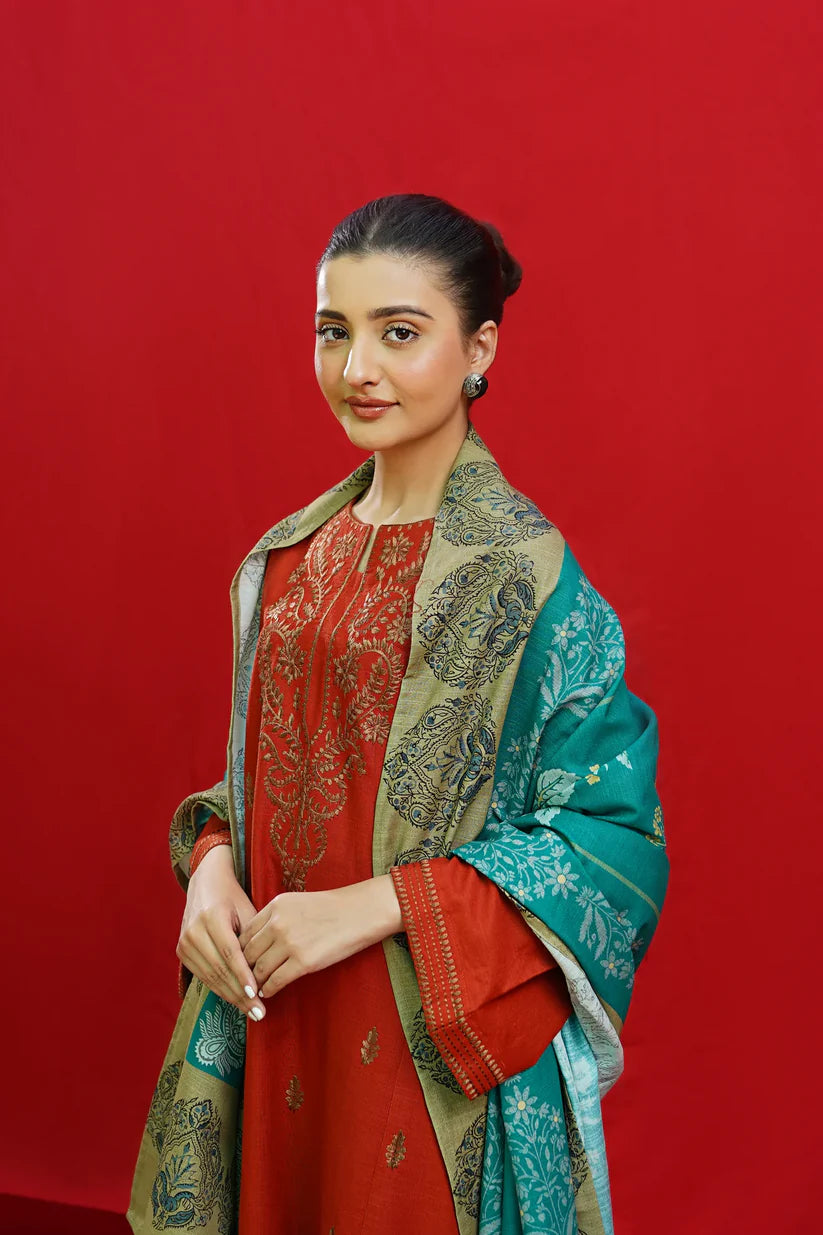 WINTER-3PC DHANAK EMBROIDERED SHIRT WITH COUTURE PRINTED SHAWL & EMB TROUSER-3354