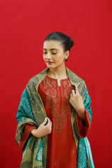 WINTER-3PC DHANAK EMBROIDERED SHIRT WITH COUTURE PRINTED SHAWL & EMB TROUSER-3354