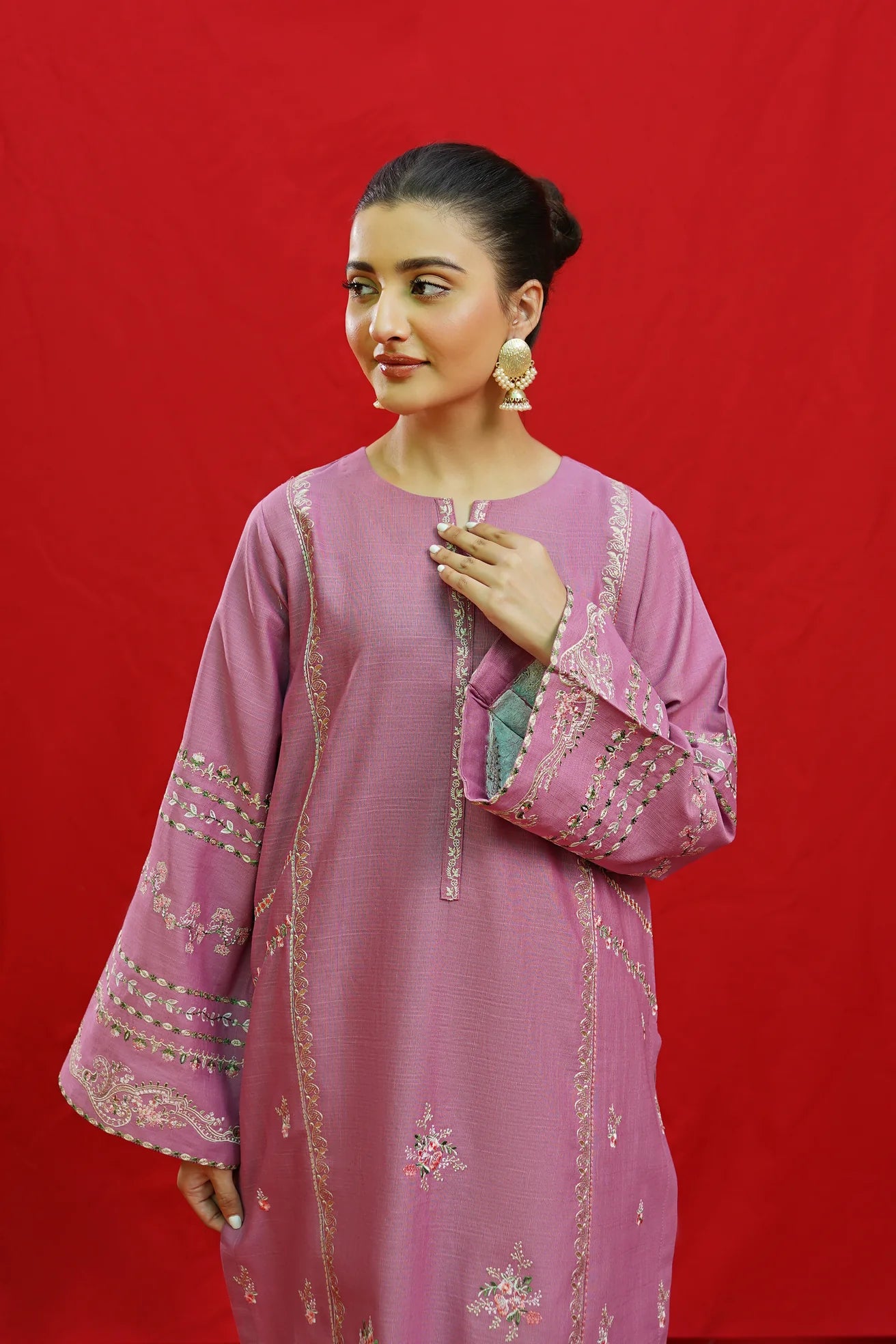 WINTER-3PC KHADDAR EMBROIDRED SHIRT WITH WOOL PRINTED SHAWL & EMB TROUSER-3383