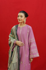 WINTER-3PC KHADDAR EMBROIDRED SHIRT WITH WOOL PRINTED SHAWL & EMB TROUSER-3383