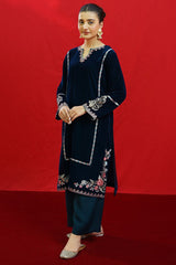 WINTER-2PC Velvet Heavy Embroidered Shirt With Velvet Embroidered Sleeves-D23