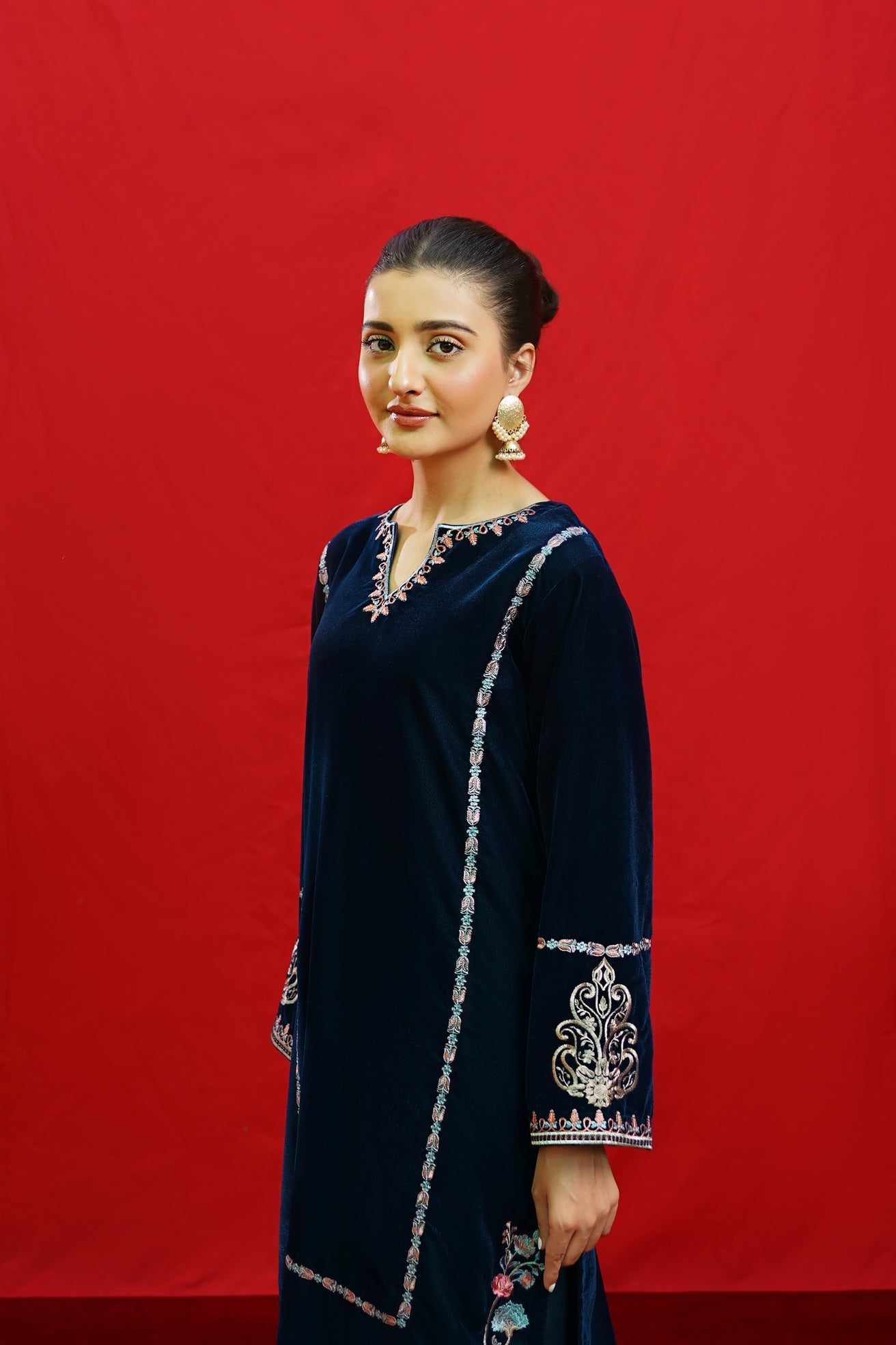 WINTER-2PC Velvet Heavy Embroidered Shirt With Velvet Embroidered Sleeves-D23