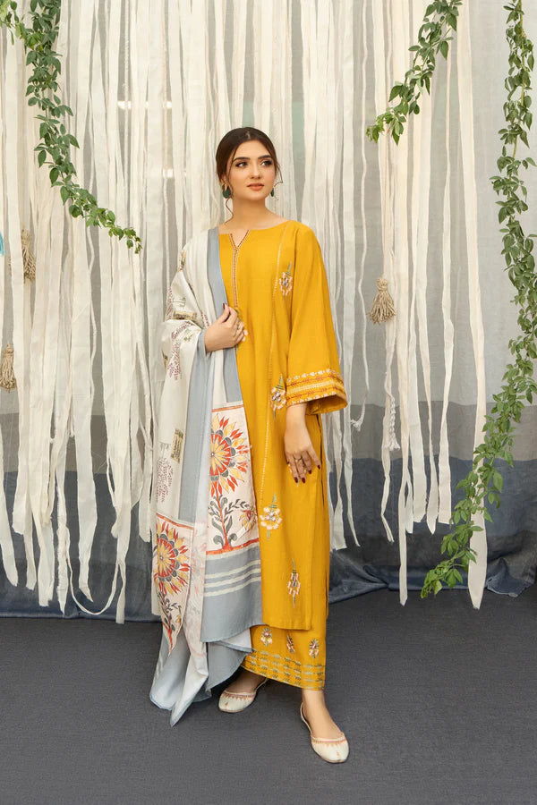WINTER- 3PC DHANAK EMBROIDERED SHIRT WITH WOOL PRINT SHAWL & TROUSER-1415