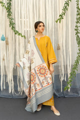 WINTER- 3PC DHANAK EMBROIDERED SHIRT WITH WOOL PRINT SHAWL & TROUSER-1415