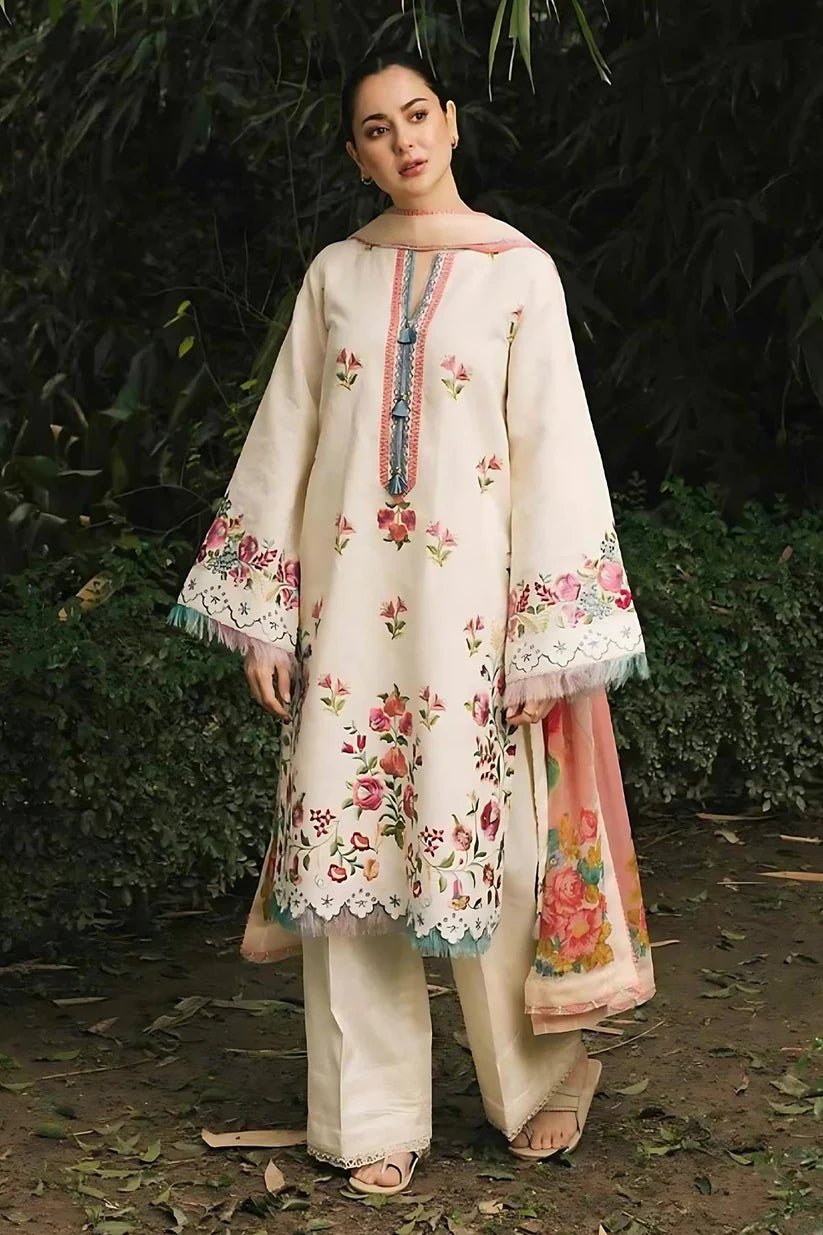 WINTER- 3PC DHANK EMBROIDERED SHIRT WITH COUTRAI WOOL SHAWL & TROUSER-4133