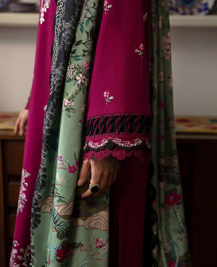 WINTER-3PC DHANAK SEQUENCE EMBROIDERED SHIRT WITH COURTRAI PRINTED SHAWL & DHANAK TOUSER-4209
