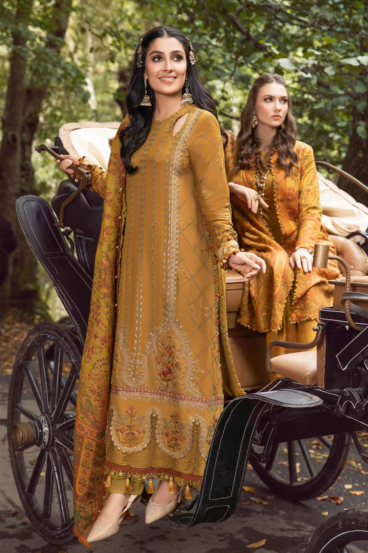 WINTER-3PC KARANDI EMBROIDERED SHIRT WITH COURTRAI PRINTED SHAWL AND TROUSER-4286