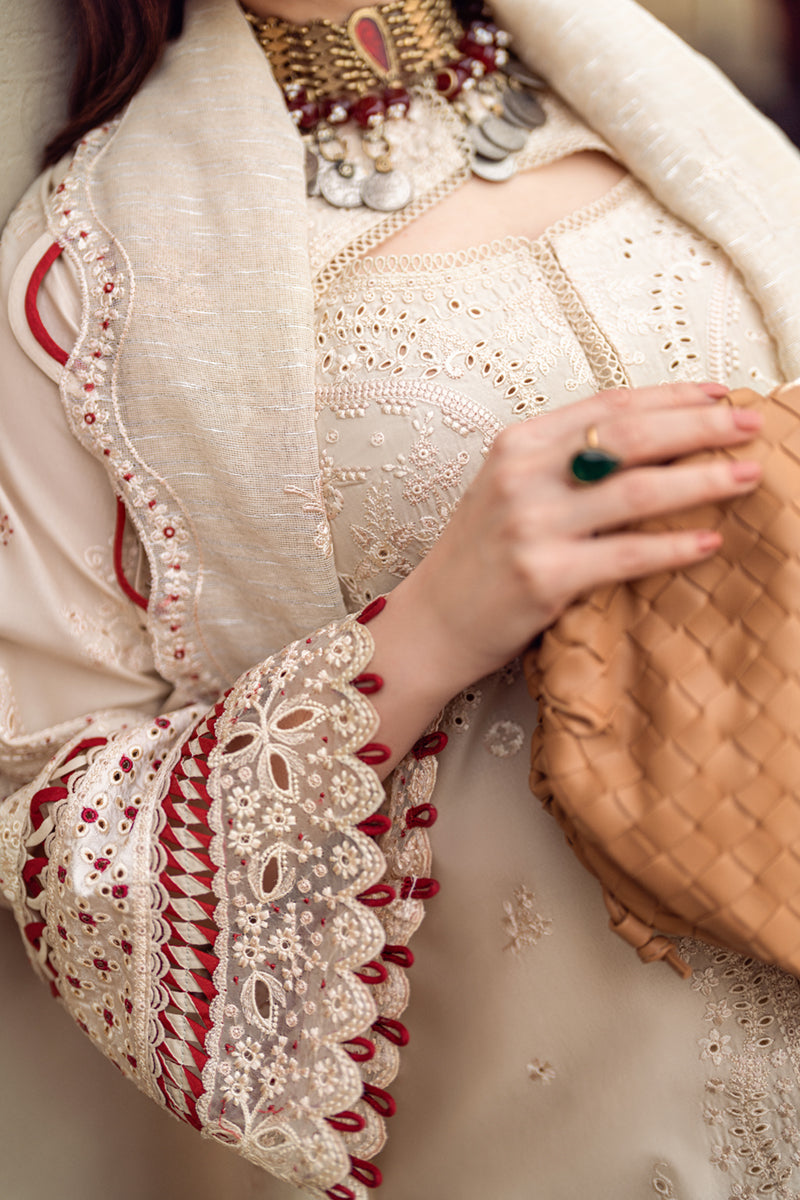 SUMMER-3PC CHIKANKAARI LAWN CUTWORK EMBROIDERED SHIRT WITH MANAAR EMBROIDERED CUTWORK DUPATTA AND TROUSER-3654