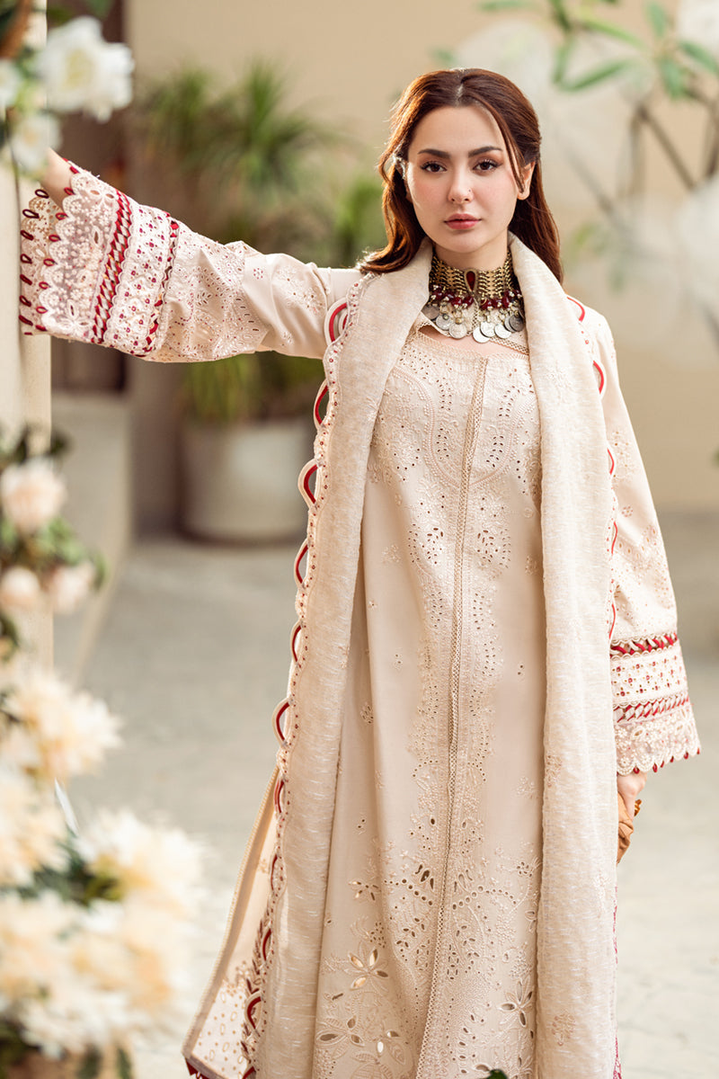 SUMMER-3PC CHIKANKAARI LAWN CUTWORK EMBROIDERED SHIRT WITH MANAAR EMBROIDERED CUTWORK DUPATTA AND TROUSER-3654