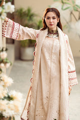 SUMMER-3PC CHIKANKAARI LAWN CUTWORK EMBROIDERED SHIRT WITH MANAAR EMBROIDERED CUTWORK DUPATTA AND TROUSER-3654