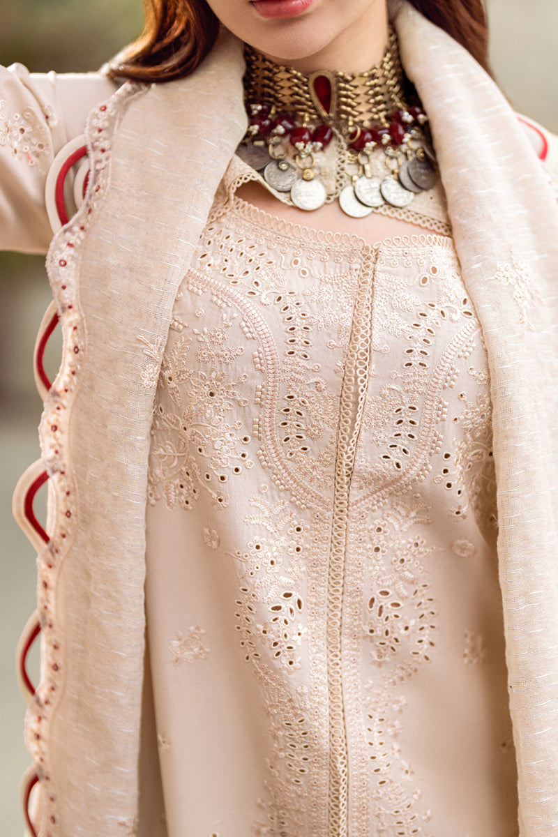 SUMMER-3PC CHIKANKAARI LAWN CUTWORK EMBROIDERED SHIRT WITH MANAAR EMBROIDERED CUTWORK DUPATTA AND TROUSER-3654