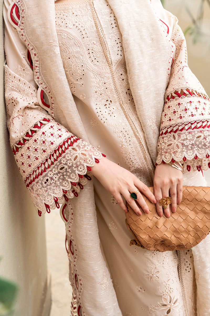 SUMMER-3PC CHIKANKAARI LAWN CUTWORK EMBROIDERED SHIRT WITH MANAAR EMBROIDERED CUTWORK DUPATTA AND TROUSER-3654