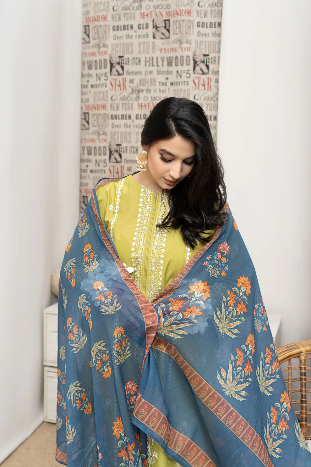 WINTER-3PC DHANAK EMBROIDERED SHIRT WITH COUTURE WOOL PRINT SHAWL AND EMB TROUSER-4013
