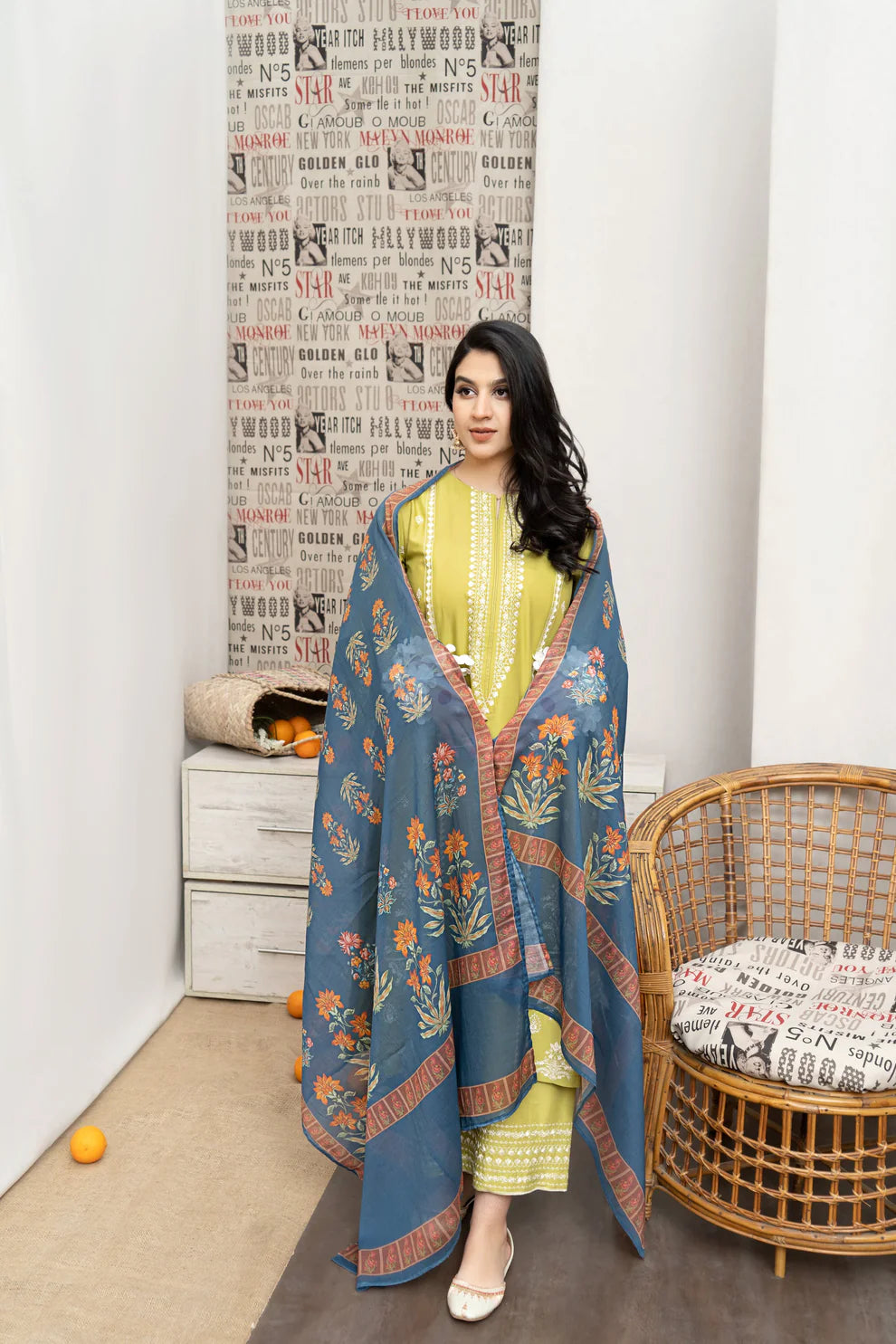 WINTER-3PC DHANAK EMBROIDERED SHIRT WITH COUTURE WOOL PRINT SHAWL AND EMB TROUSER-4013
