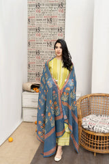 WINTER-3PC DHANAK EMBROIDERED SHIRT WITH COUTURE WOOL PRINT SHAWL AND EMB TROUSER-4013