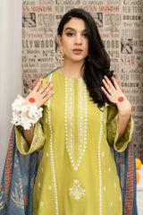 WINTER-3PC DHANAK EMBROIDERED SHIRT WITH COUTURE WOOL PRINT SHAWL AND EMB TROUSER-4013