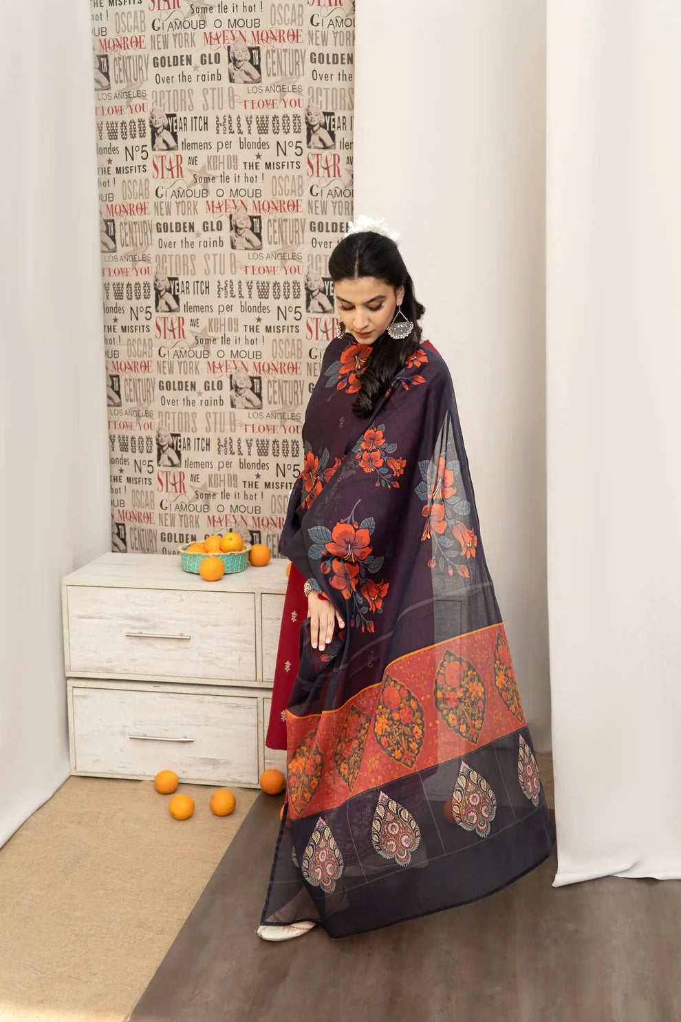 WINTER- 3PC DHANAK EMBROIDERED SHIRT WITH COUTURE PRINTED SHAWL AND EMB TROUSER-4059