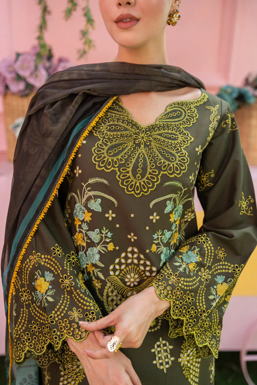 SUMMER- 3PC LAWN EMBROIDERED SHIRT WITH CHIFFON PRINTED DUPATTA AND TROUSER -M12