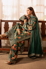WINTER-3PC SHAMOZE SILK PRINTED EMBROIDERED SHIRT WITH SOFT SILK PRINTED EMB DUPATTA & EMB TROUSER-