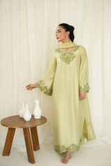 WINTER-3PC-RAW SILK HAND EMBELLISHED SHIRT EMBROIDERED SOFT SILK DUPATTA AND RAW SILK TROUSER-5142