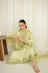 WINTER-3PC-RAW SILK HAND EMBELLISHED SHIRT EMBROIDERED SOFT SILK DUPATTA AND RAW SILK TROUSER-5142