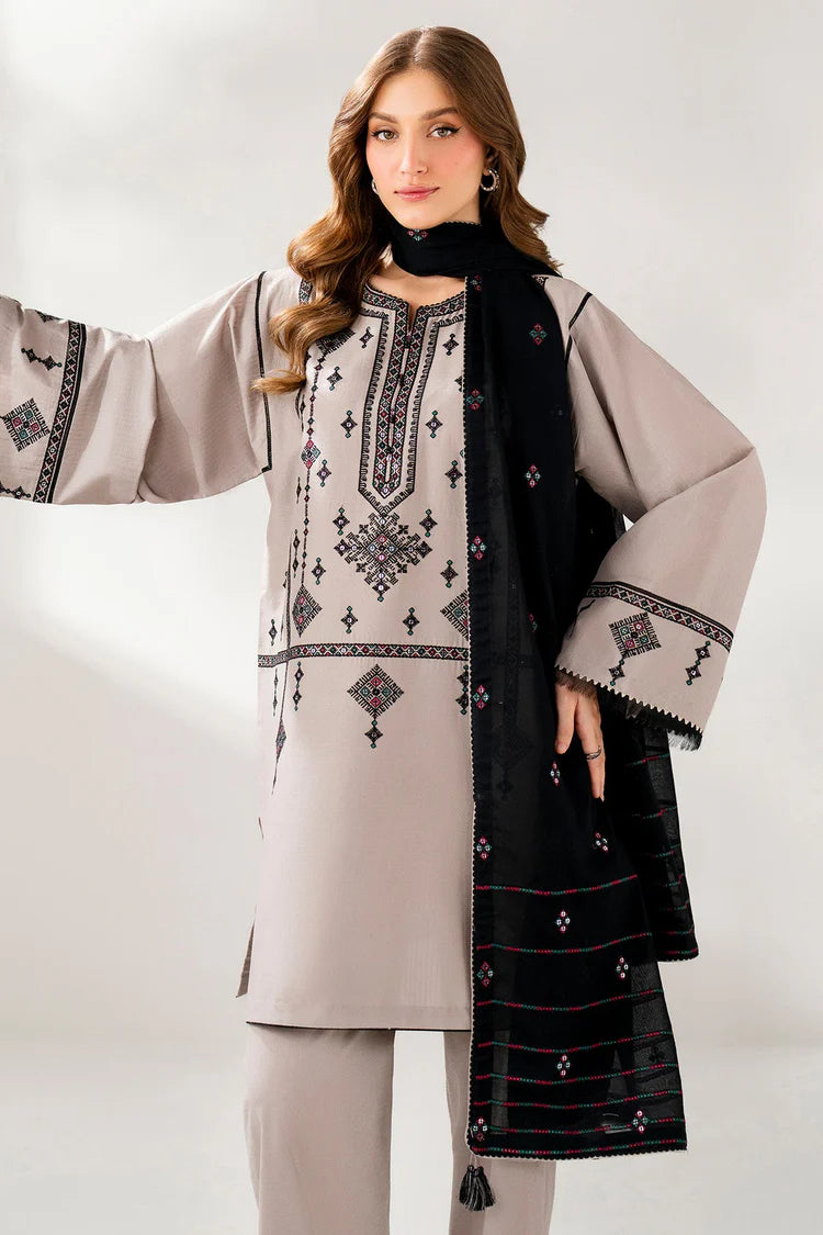 WINTER-3PC DHANAK EMBROIDERED SHIRT WITH CHIFFON EMB DUPATTA AND TROUSER-4192