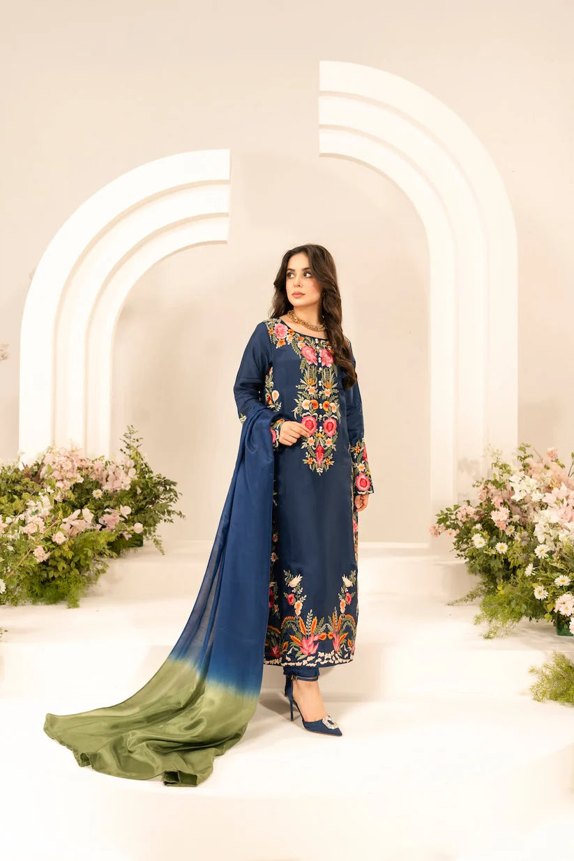 SUMMER-3PC LAWN EMBROIDERED SHIRT WITH CHIFFON TYE & DYE DUPATTA & TROUSER-3780