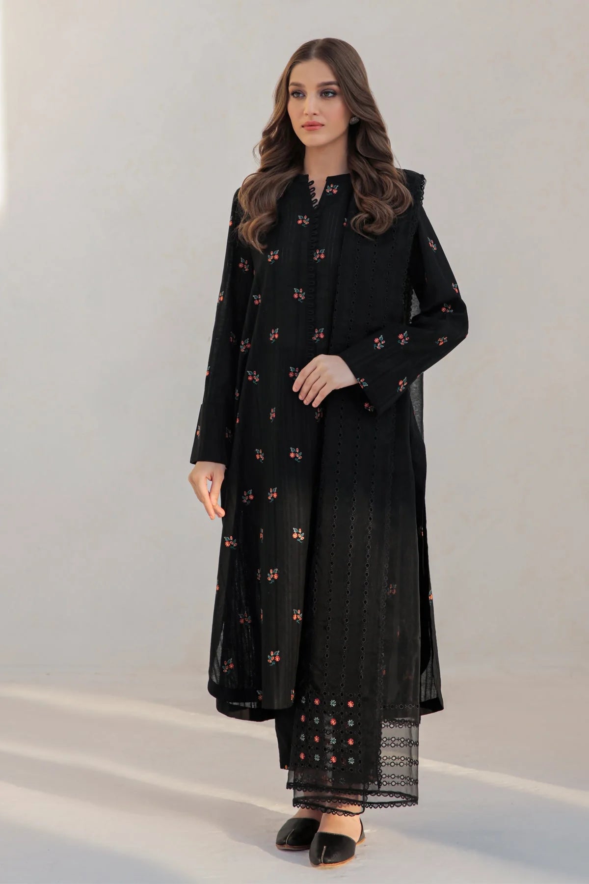 WINTER-3PC DHANAK EMBROIDERED SHIRT WITH CHIFFON EMB DUPATTA & TROUSER-2363