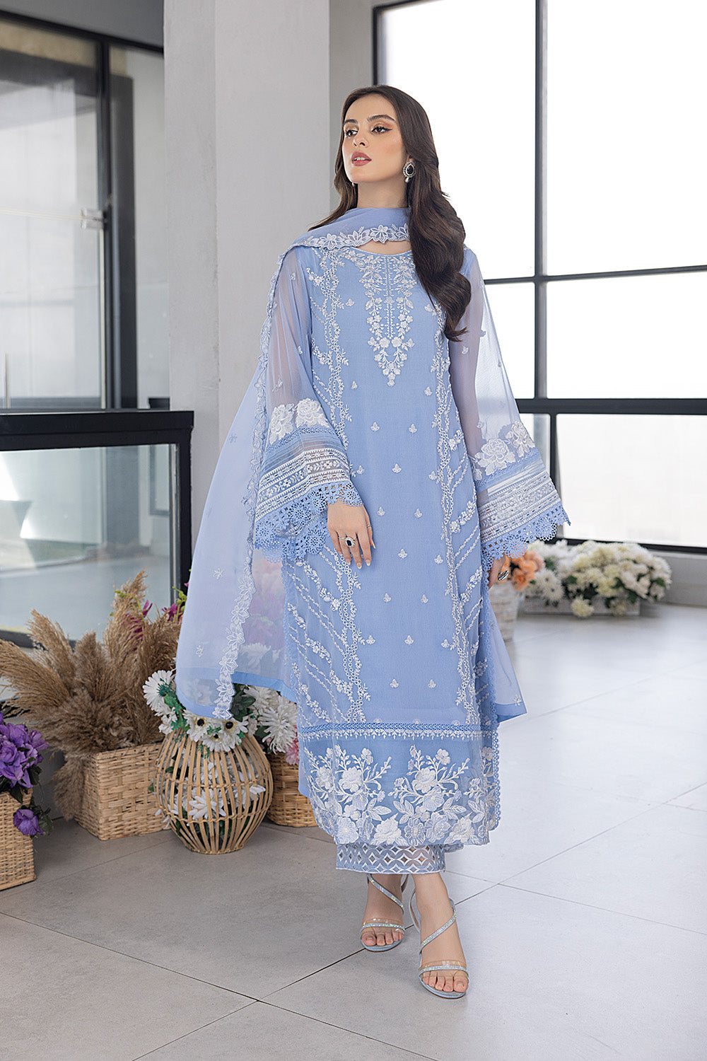 SUMMER- 3PC ORGANZA EMBROIDERED LAWN SHIRT WITH ORGANZA EMBROIDERED DUPATTA AND TROUSER-3549