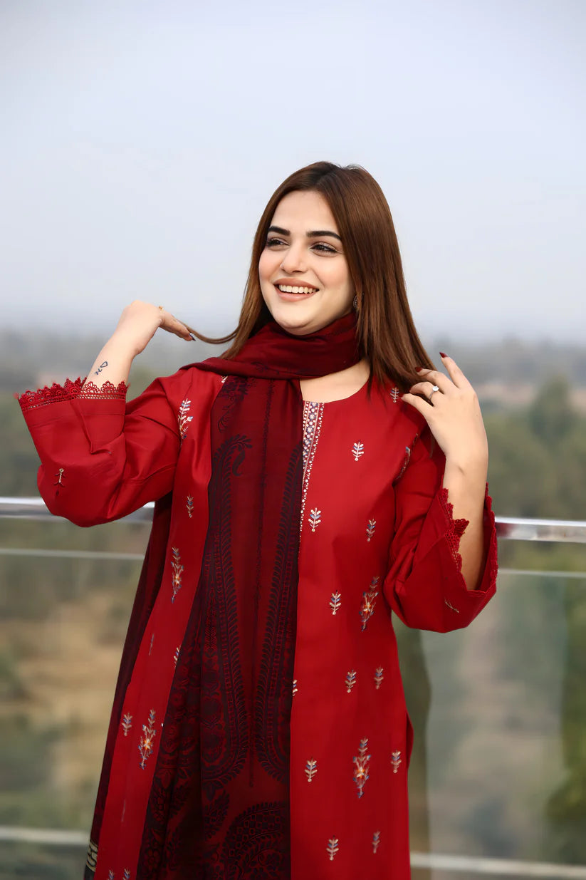 WINTER-3PC KHADDAR CUTWORK EMBROIDERED SHIRT WITH KASHMIRI JACQUARD WOOL SHAWL-1552