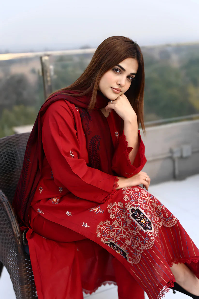 WINTER-3PC KHADDAR CUTWORK EMBROIDERED SHIRT WITH KASHMIRI JACQUARD WOOL SHAWL-1552