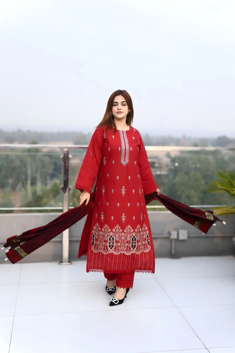 WINTER-3PC KHADDAR CUTWORK EMBROIDERED SHIRT WITH KASHMIRI JACQUARD WOOL SHAWL-1552