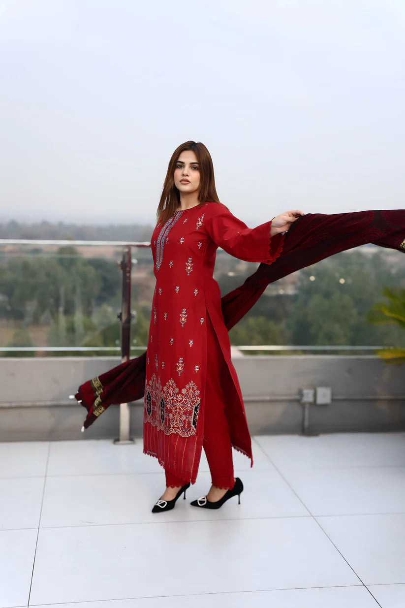 WINTER-3PC KHADDAR CUTWORK EMBROIDERED SHIRT WITH KASHMIRI JACQUARD WOOL SHAWL-1552